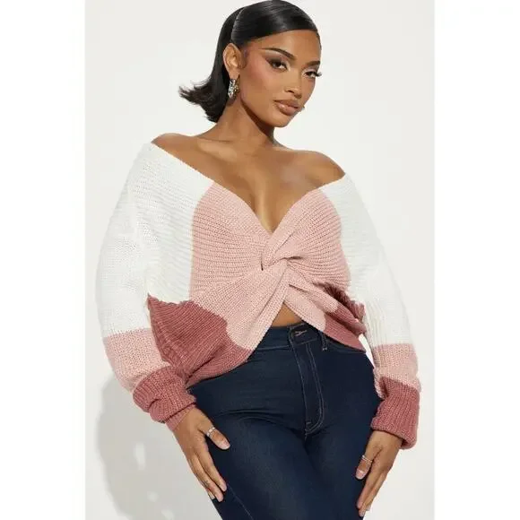 Fashion Nova Womens Twisted Sweater Blush Colorblock Crop Knit Size M NWT Boho - Picture 1 of 7